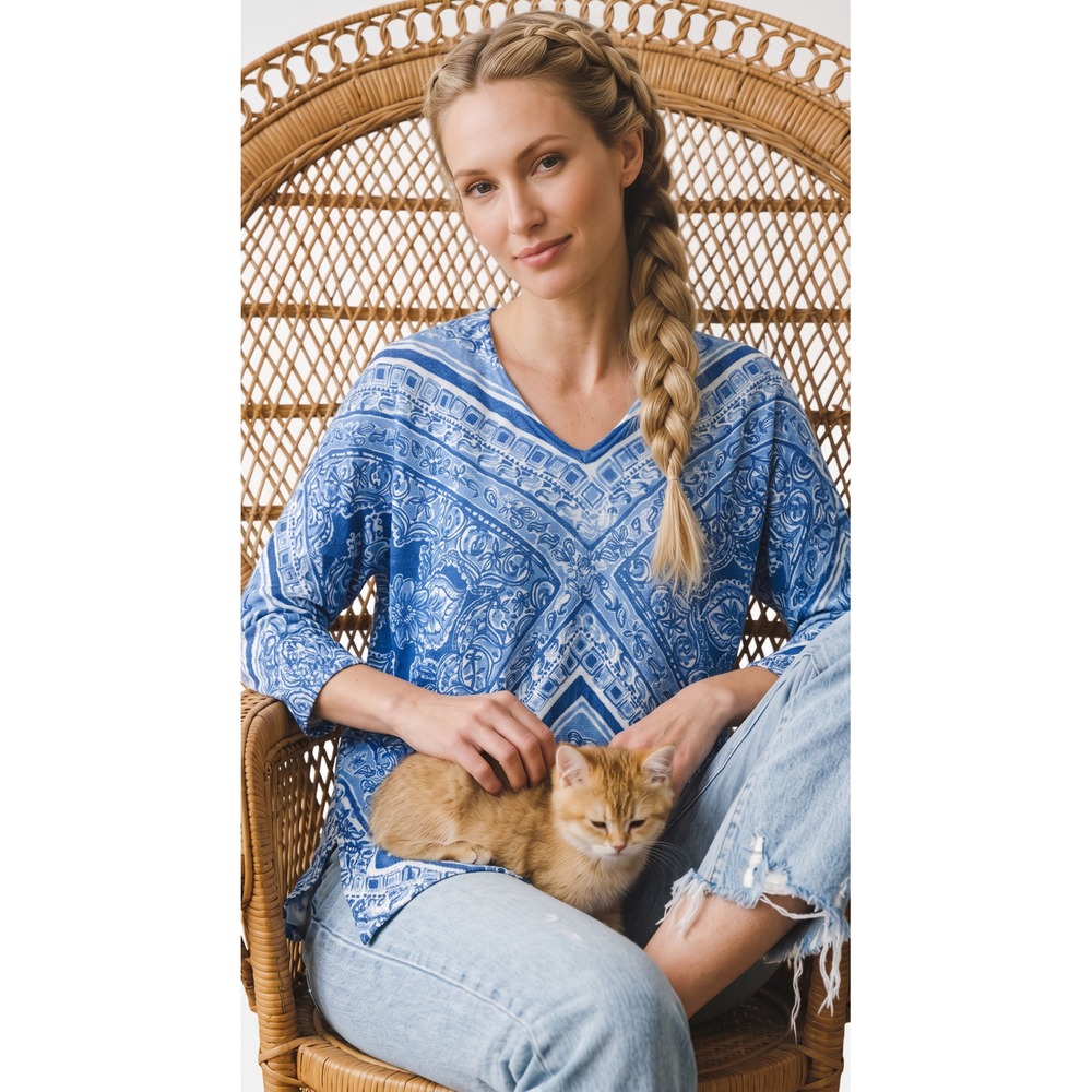 Lilly‎ Pulitzer Blue Paisley 100% Linen 3/4 Sleeve Top XS/S Coastal Palm Beach